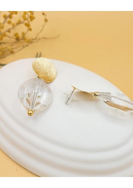 Gold Diskli Şeffaf Kristal Elips Küpe fırsatları