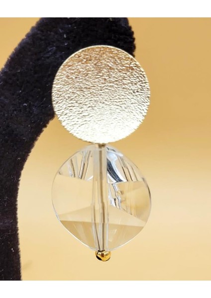 Gold Diskli Şeffaf Kristal Elips Küpe indirimleri