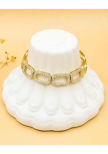 Xupıng Zirkon Taşlı Dörtgen Gold Zincir Premium Bileklik
