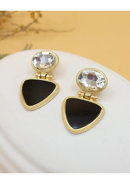 Kristal Taşlı Siyah Üçgen Küpe