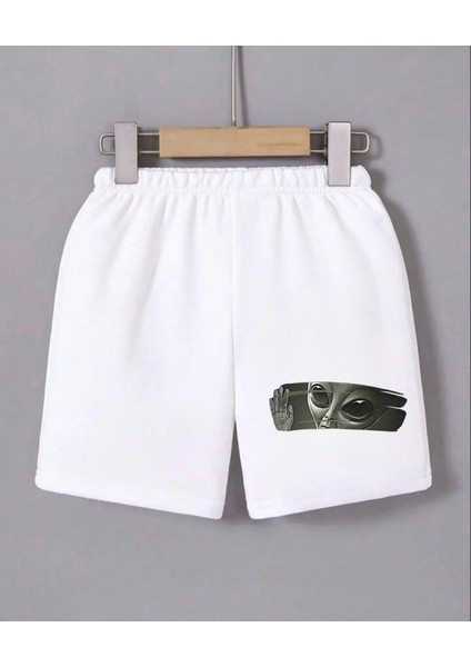 Beli Lastikli Baskılı Mini Şort - Beyaz