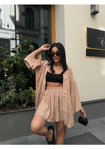 Jakarlı Kimono - Şort Takım - Bej fiyatları