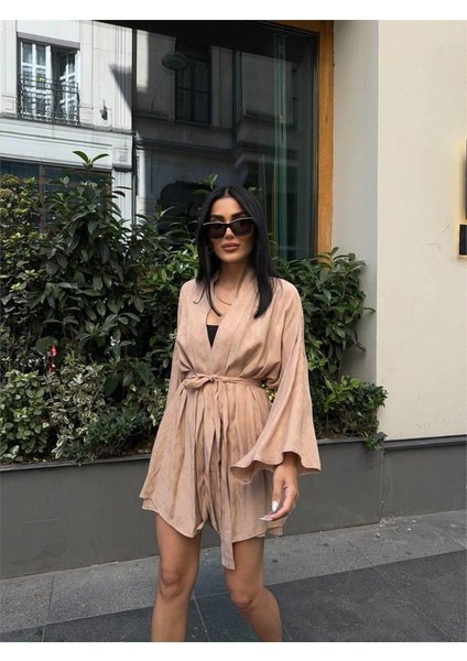 Jakarlı Kimono - Şort Takım - Bej fırsatları