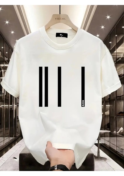 Baskılı Oversize Bisiklet Yaka T-Shirt - Beyaz