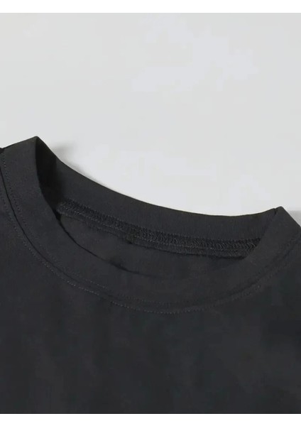 Baskılı Oversize Bisiklet Yaka T-Shirt - Siyah modelleri
