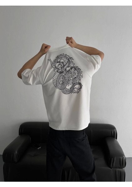 Baskılı Oversize Bisiklet Yaka T-Shirt - Beyaz fırsatları