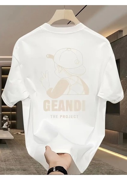 Geniş Kesim Pamuklu Tişört - Gandhı The Project Baskılı, Beyaz, Rahat Kesim, Kısa Kollu, Günlük Kıyafet, Her Gün Giyilebilecek Tişört- Beyaz