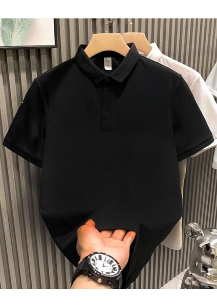Yakası Düğmeli Yakalı Pike Düz T-Shirt - Siyah fiyatları