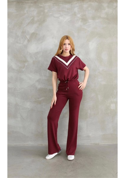 Osy Modal Yumuşak Dokulu Kumaş Bisiklet Yaka Parçalı Detaylı Kısa Kollu Takım - Bordo modelleri