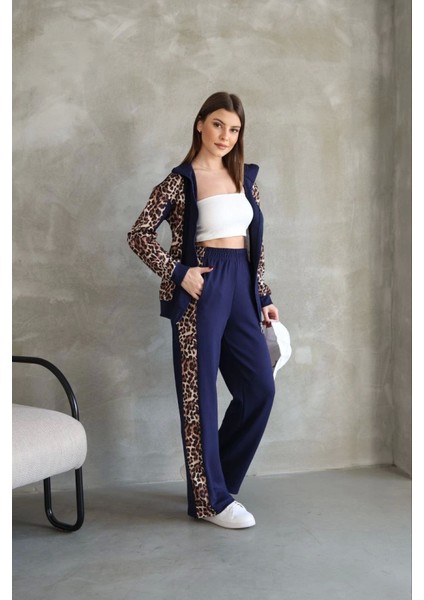 Osy Modal Yumuşak Dokulu Kumaş Kapüşonlu Leopar Desenli Fermuarlı Takım - Lacivert fırsatları