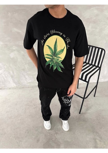 Ön ve Arka Baskılı Oversize Bisiklet Yaka T-Shirt- Siyah