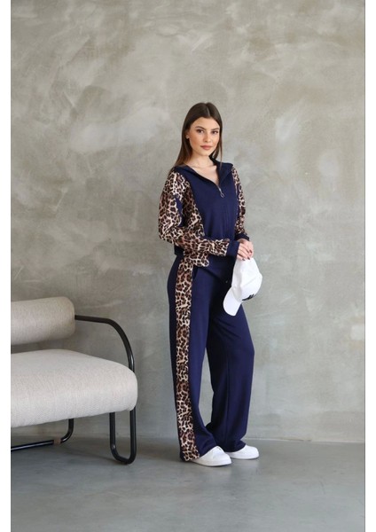 Osy Modal Yumuşak Dokulu Kumaş Kapüşonlu Leopar Desenli Fermuarlı Takım - Lacivert fiyatları