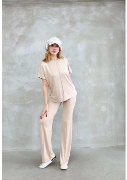 Osy Modal Yumuşak Dokulu Kumaş Bisiklet Yaka Kısa Kollu Takım - Bej