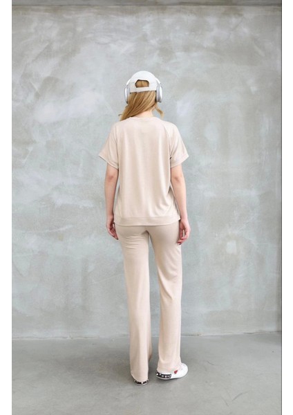 Osy Modal Yumuşak Dokulu Kumaş Bisiklet Yaka Kısa Kollu Takım - Bej modelleri