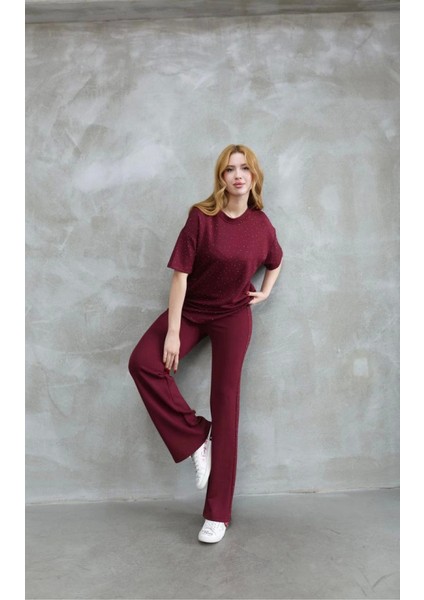Osy Modal Yumuşak Dokulu Kumaş Bisiklet Yaka Taş Detaylı Kısa Kollu Takım - Bordo modelleri