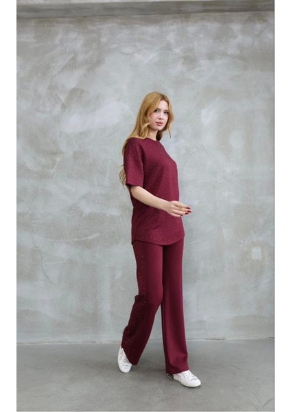 Osy Modal Yumuşak Dokulu Kumaş Bisiklet Yaka Taş Detaylı Kısa Kollu Takım - Bordo