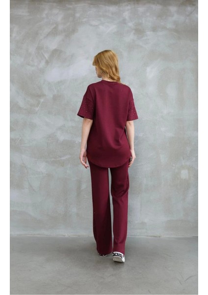 Osy Modal Yumuşak Dokulu Kumaş Bisiklet Yaka Taş Detaylı Kısa Kollu Takım - Bordo fiyatları