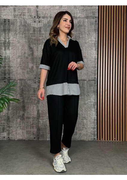 Kadın Modal Kumaş Çizgili Gömlek Yaka Ikili Takım