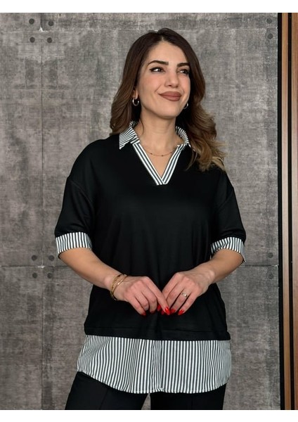 Kadın Modal Kumaş Çizgili Gömlek Yaka Ikili Takım modelleri