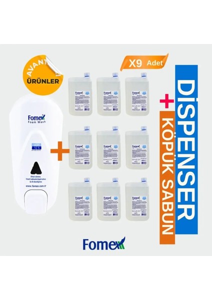 F210 Köpük Sabun Aparatı Beyaz 1000 ml +F116 Köpük Sabun 1000 ml Standart 9 Adet