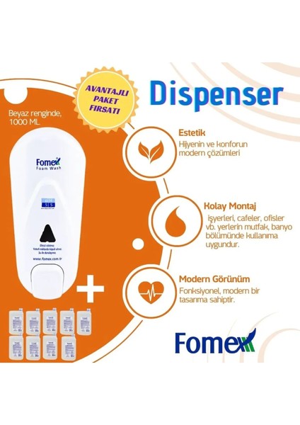 F210 Köpük Sabun Aparatı Beyaz 1000 ml +F116 Köpük Sabun 1000 ml Standart 9 Adet modelleri