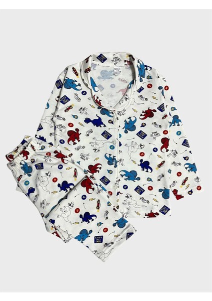 Erkek Çocuk Pamuklu Beyaz Dinozor Araba Desenli Gömlek Yaka Boydan Düğmeli Pijama Takımı
