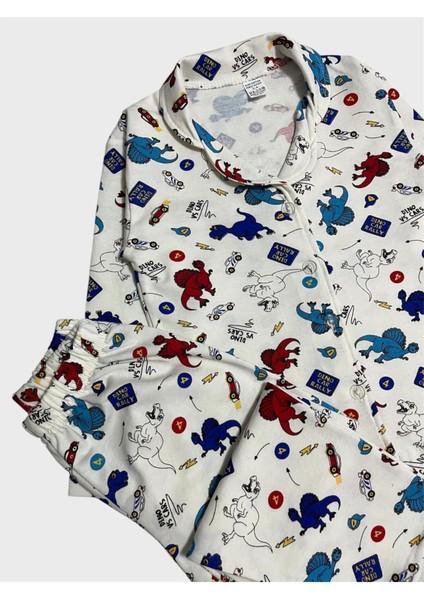 Erkek Çocuk Pamuklu Beyaz Dinozor Araba Desenli Gömlek Yaka Boydan Düğmeli Pijama Takımı fiyatları