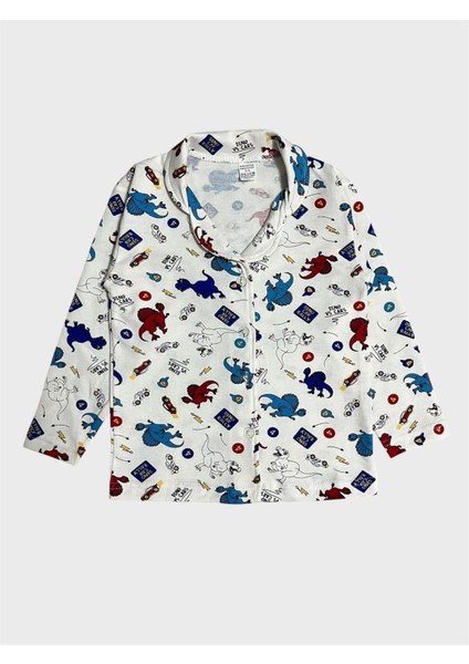 Erkek Çocuk Pamuklu Beyaz Dinozor Araba Desenli Gömlek Yaka Boydan Düğmeli Pijama Takımı fırsatları