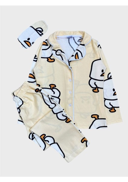Erkek Çocuk Pamuklu Kumaş Süet Sarı Civciv Desenli Uyku Bantlı Biyeli Gömlek Yaka Pijama Takımı