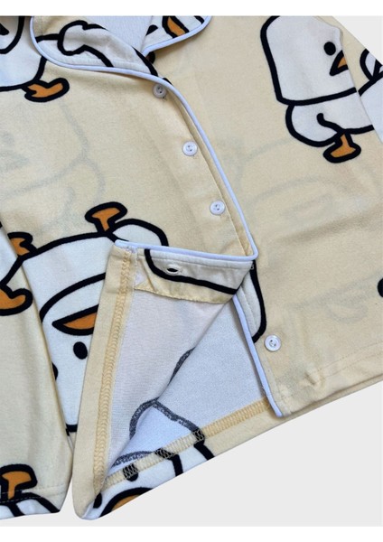 Erkek Çocuk Pamuklu Kumaş Süet Sarı Civciv Desenli Uyku Bantlı Biyeli Gömlek Yaka Pijama Takımı modelleri