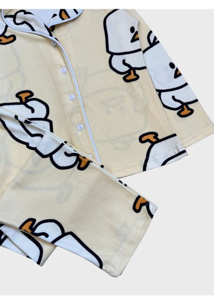 Erkek Çocuk Pamuklu Kumaş Süet Sarı Civciv Desenli Uyku Bantlı Biyeli Gömlek Yaka Pijama Takımı indirimleri