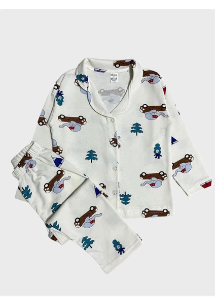 Erkek Çocuk Pamuklu Beyaz Fil Araba Desenli Gömlek Yaka Boydan Düğmeli Pijama Takımı
