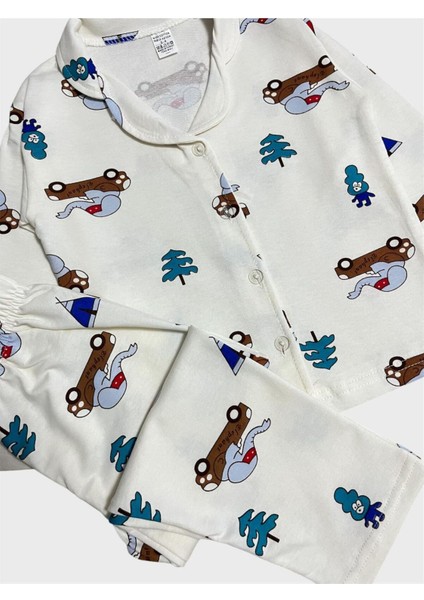 Erkek Çocuk Pamuklu Beyaz Fil Araba Desenli Gömlek Yaka Boydan Düğmeli Pijama Takımı fiyatları