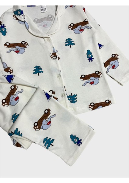 Erkek Çocuk Pamuklu Beyaz Fil Araba Desenli Gömlek Yaka Boydan Düğmeli Pijama Takımı modelleri