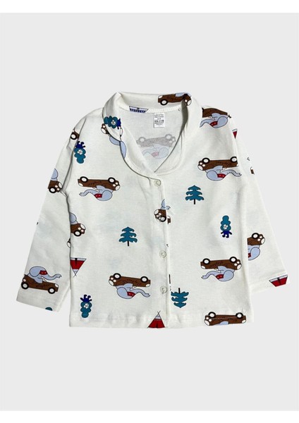 Erkek Çocuk Pamuklu Beyaz Fil Araba Desenli Gömlek Yaka Boydan Düğmeli Pijama Takımı fırsatları
