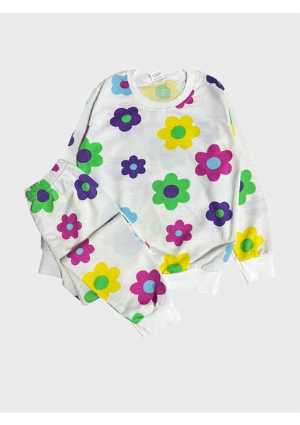 Kız Çocuk Pamuklu Beyaz Renkli Çiçek Desenli Uzun Kollu Mevsimlik Pijama Takımı