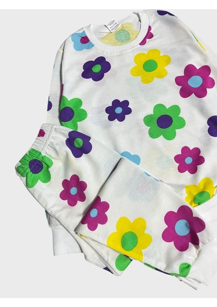 Kız Çocuk Pamuklu Beyaz Renkli Çiçek Desenli Uzun Kollu Mevsimlik Pijama Takımı modelleri