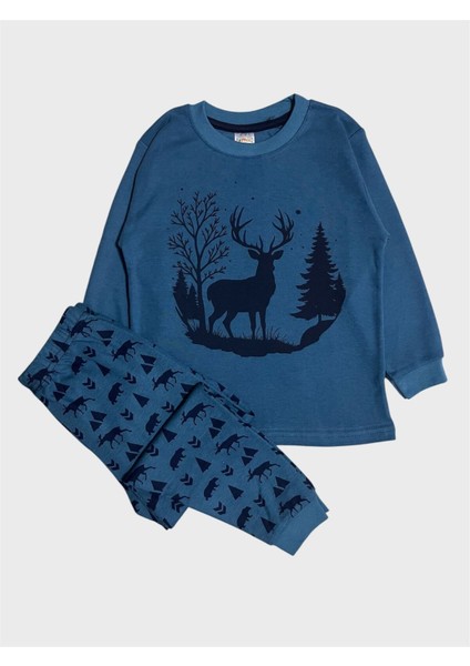 Erkek Çocuk %100 Pamuklu Petrol Yeşili Geyik Desenli Uzun Kollu Pijama Takımı