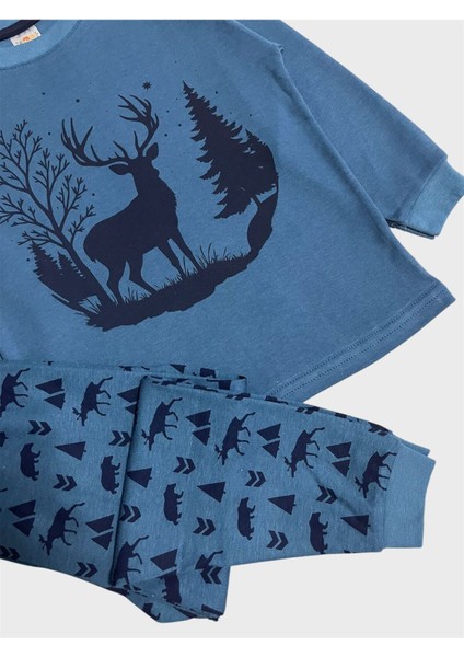 Erkek Çocuk %100 Pamuklu Petrol Yeşili Geyik Desenli Uzun Kollu Pijama Takımı modelleri