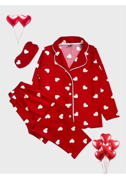 Kız Çocuk Pamuklu Süet Kumaş Kırmızı Kalp Desenli Gömlek Yaka Düğmeli Uyku Gözlüklü Pijama Takımı