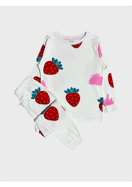 Kız Çocuk %100 Pamuklu Beyaz Çilek Desenli Uzun Kollu Pijama Takımı