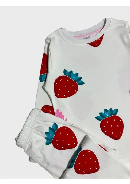 Kız Çocuk %100 Pamuklu Beyaz Çilek Desenli Uzun Kollu Pijama Takımı fiyatları