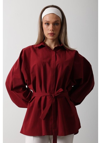 Bel Detaylı Gömlek - Bordo modelleri