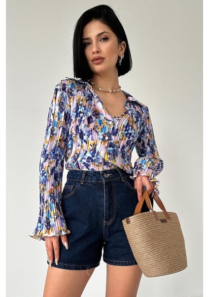 Lila Piliseli Çiçek Desen Gömlek