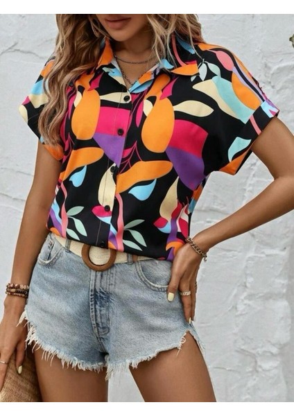 Kadın Moss Krep Kumaş Kısa Kol Çiçek Desenli Gömlek