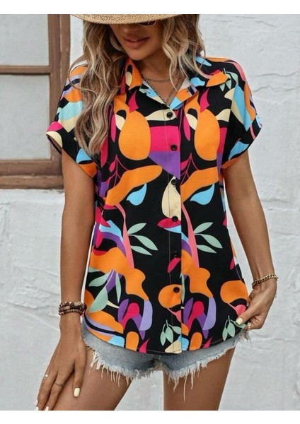 Kadın Moss Krep Kumaş Kısa Kol Çiçek Desenli Gömlek modelleri