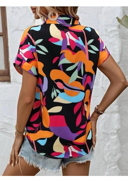 Kadın Moss Krep Kumaş Kısa Kol Çiçek Desenli Gömlek fırsatları