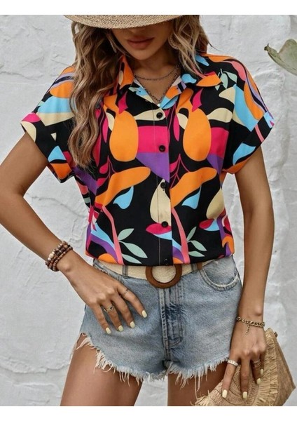 Kadın Moss Krep Kumaş Kısa Kol Çiçek Desenli Gömlek indirimleri
