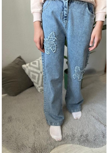 Kurdele Desenli Mavi Kız Kot Pantolon ( Dar Kalıp )
