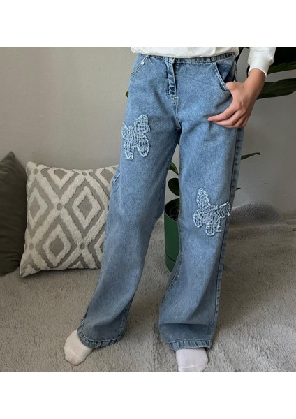 Kurdele Desenli Mavi Kız Kot Pantolon ( Dar Kalıp ) modelleri